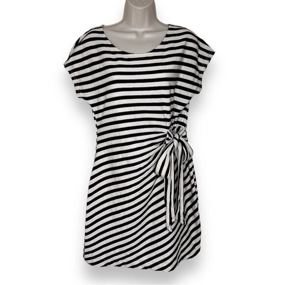 Anthropologie Saturday Sunday Yael Dress Side Tie Cream Black Stripe Women Med - Picture 1 of 14
